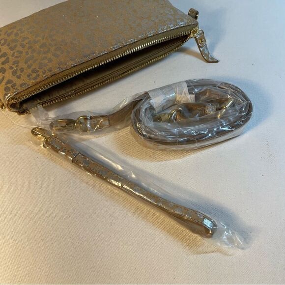 🐆 LODIS convertible wristlet crossbody wallet foiled silver & tan suede le… - Picture 8 of 8